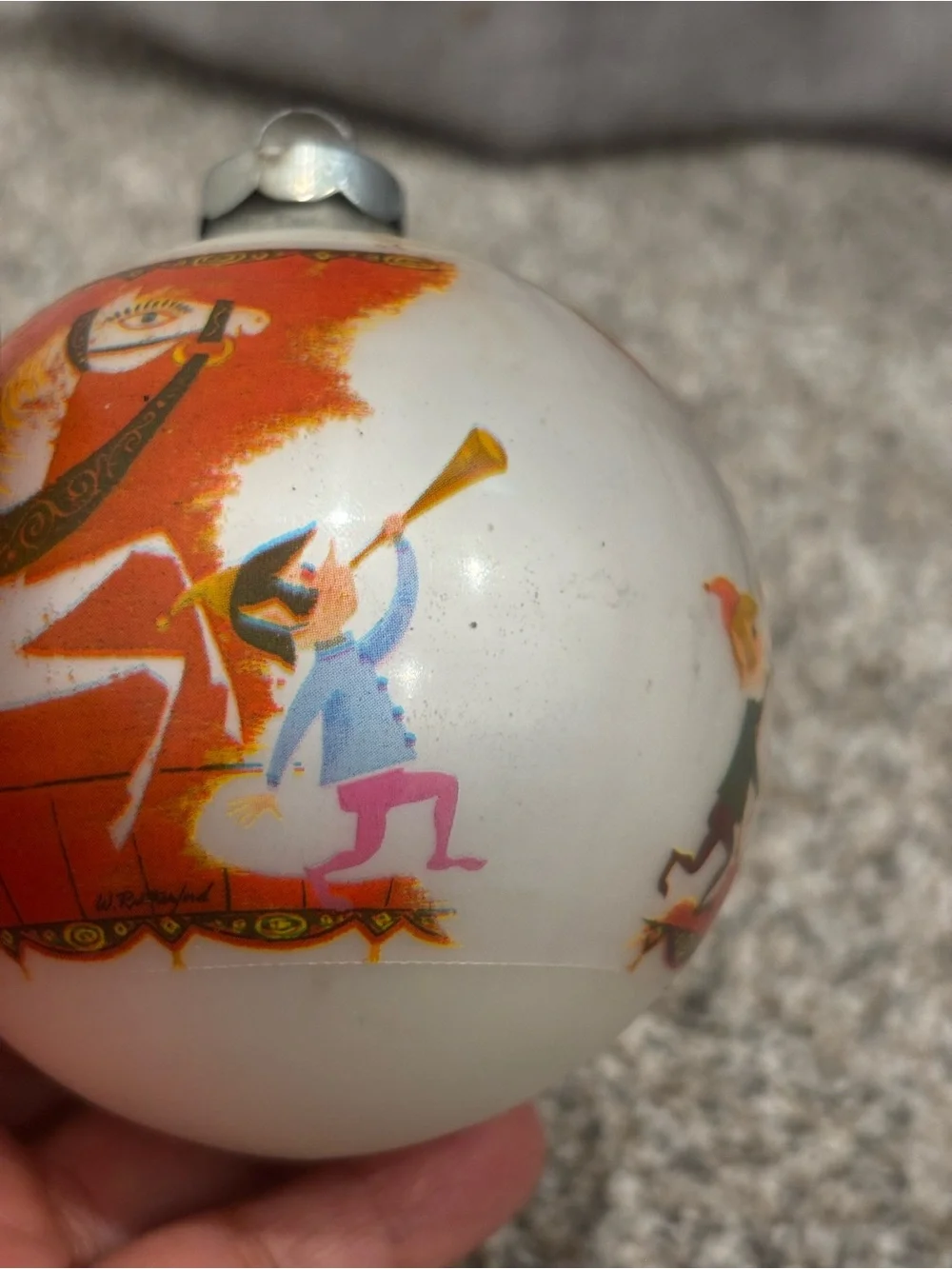 Vintage W. Rutherford Corning Glass Ornament Santa on Merry-Go-Round 3” USA Made